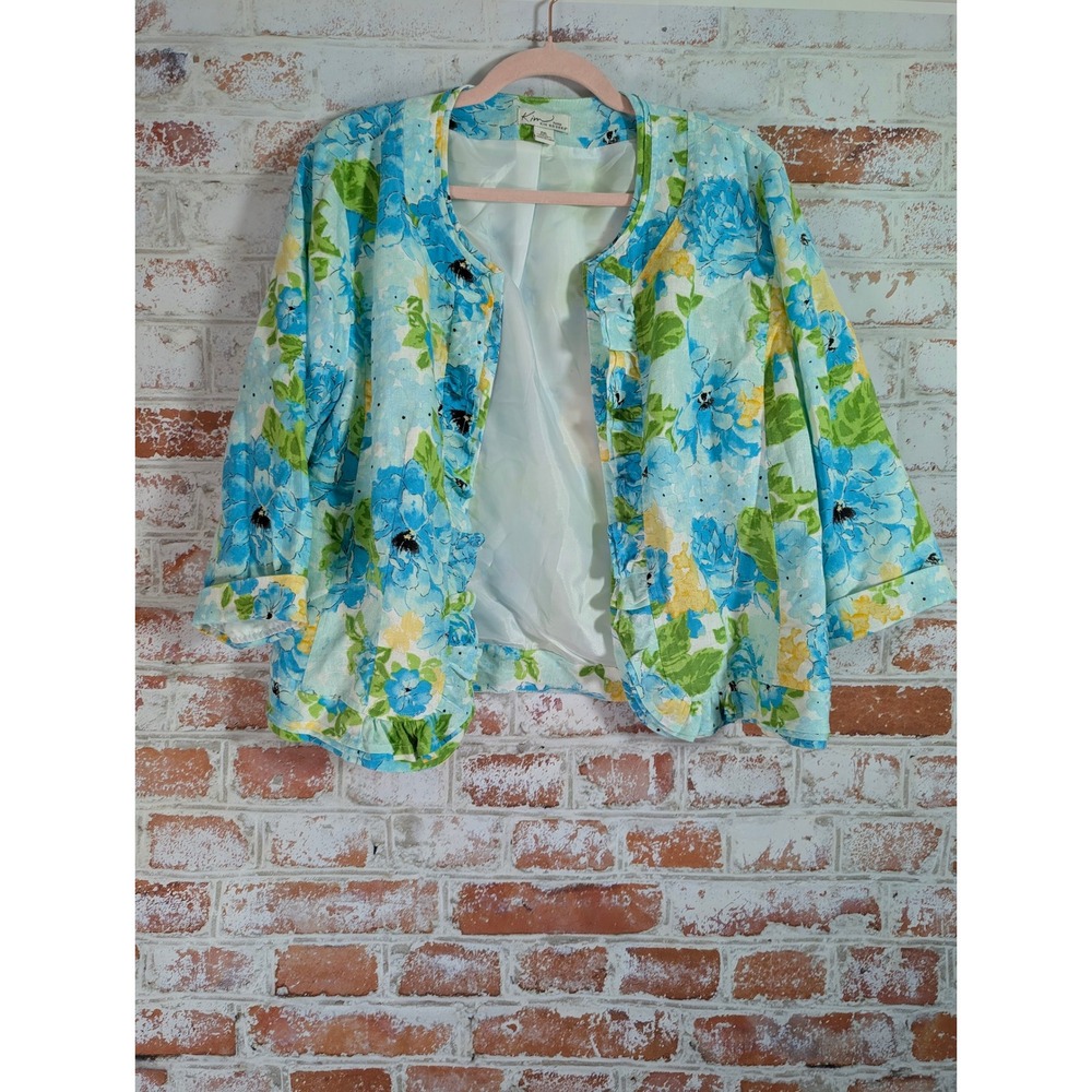 Kim Rogers Linen Blazer Womens PXL Blue Floral Ruffle Open Front Jacket